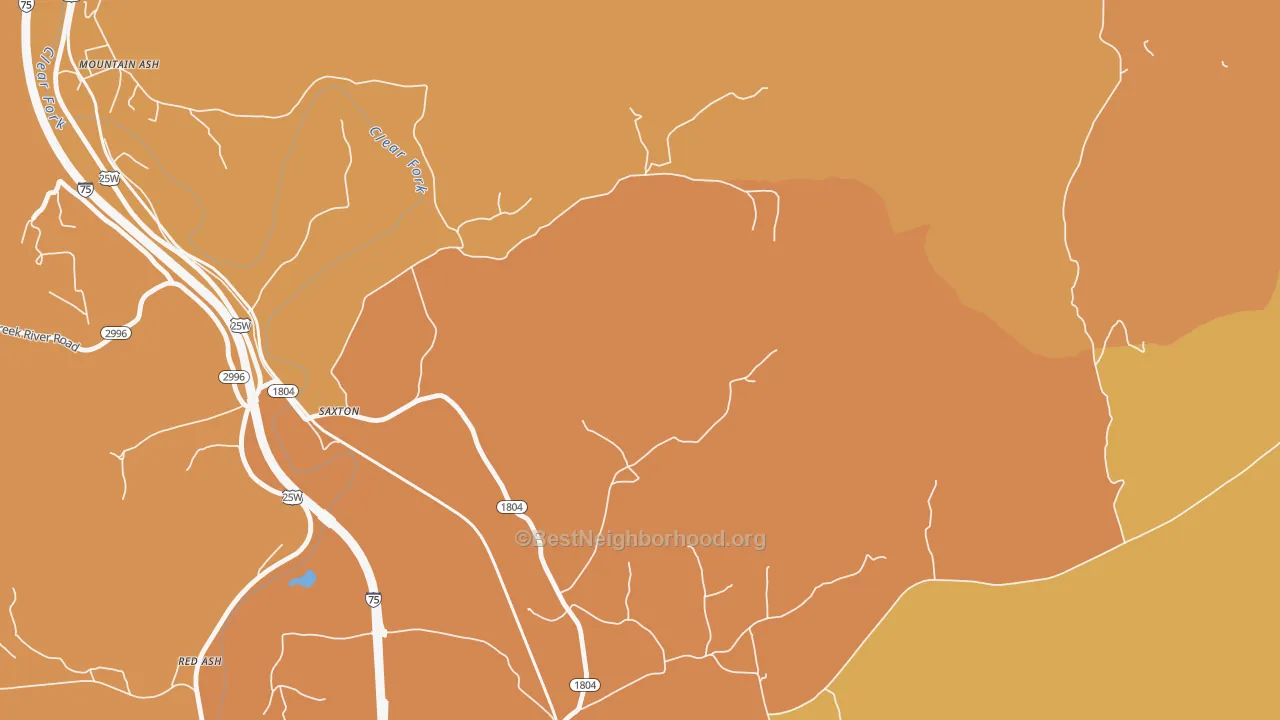 Map of the best neighborhoods in the Saxton area, with better matches in green and worse matches in red