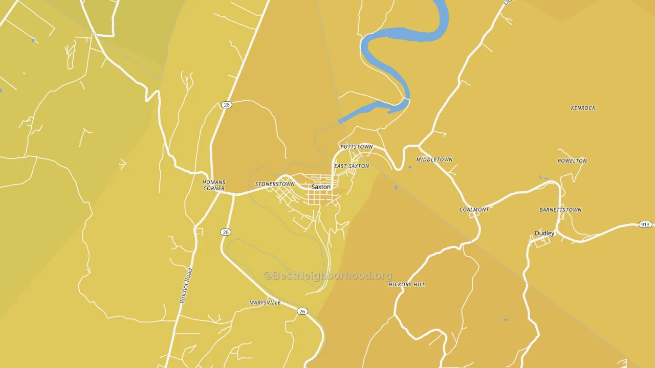Map of the best neighborhoods in the Saxton area, with better matches in green and worse matches in red