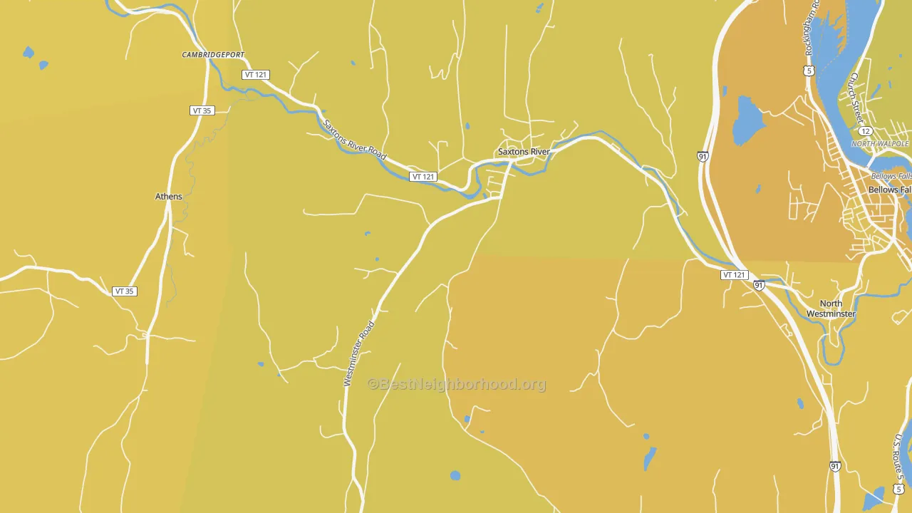 Map of the best neighborhoods in the Saxtons River area, with better matches in green and worse matches in red