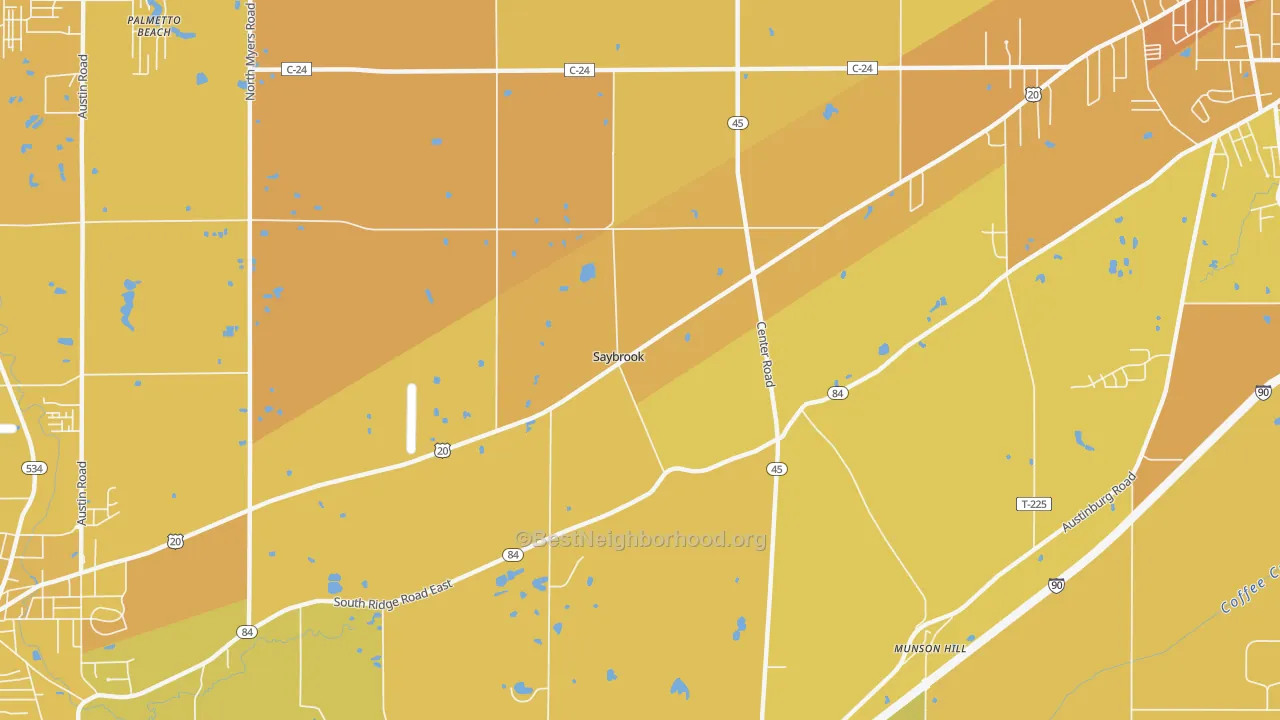 Map of the best neighborhoods in the Saybrook area, with better matches in green and worse matches in red