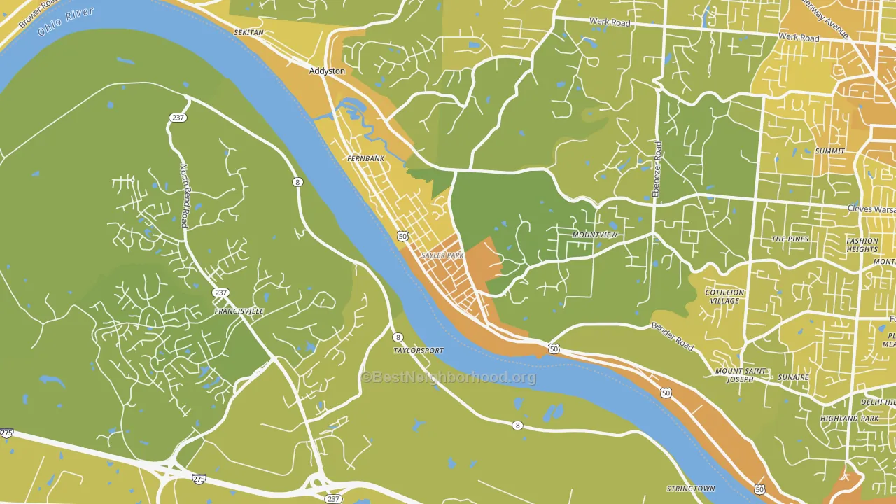 Map of the best neighborhoods in the Sayler Park, Cincinnati area, with better matches in green and worse matches in red