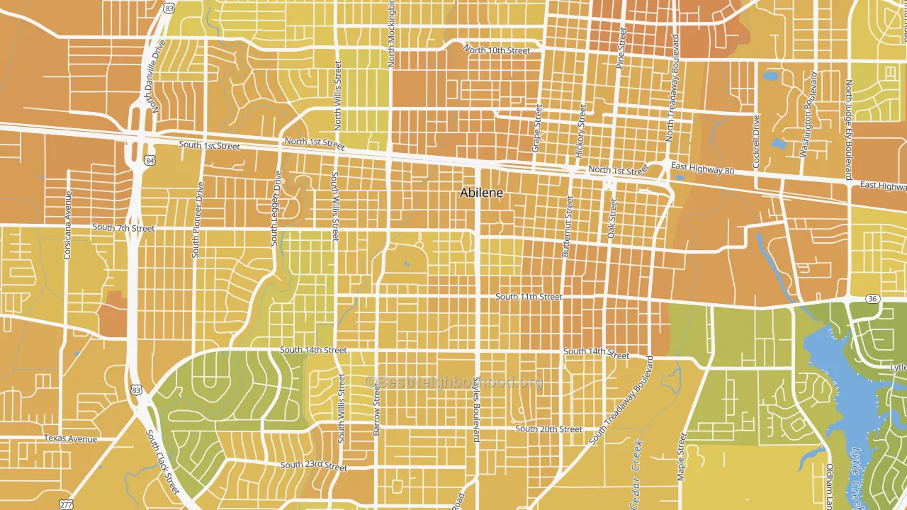 Map of the best neighborhoods in the Sayles Boulevard Area, Abilene area, with better matches in green and worse matches in red