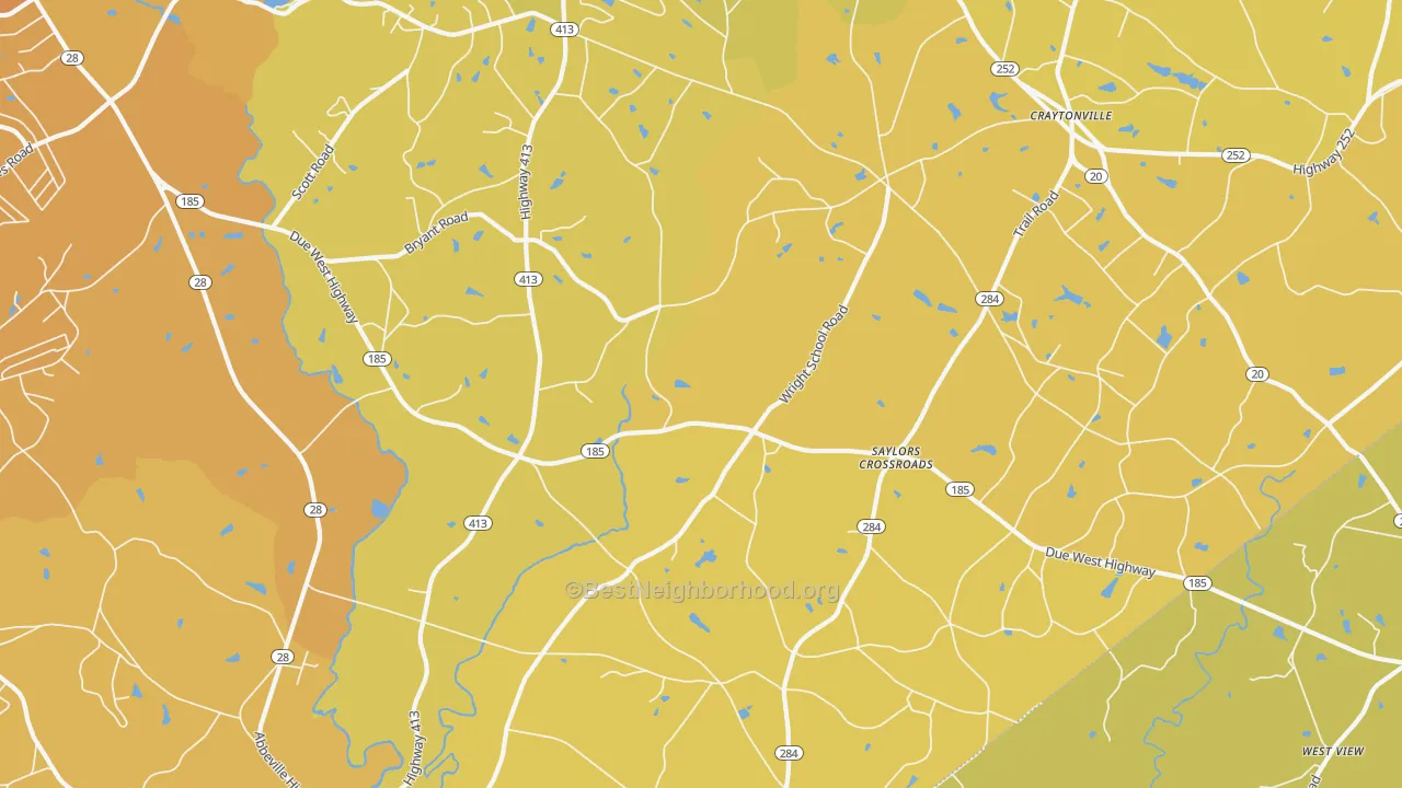 Map of the best neighborhoods in the Saylors Crossroads area, with better matches in green and worse matches in red