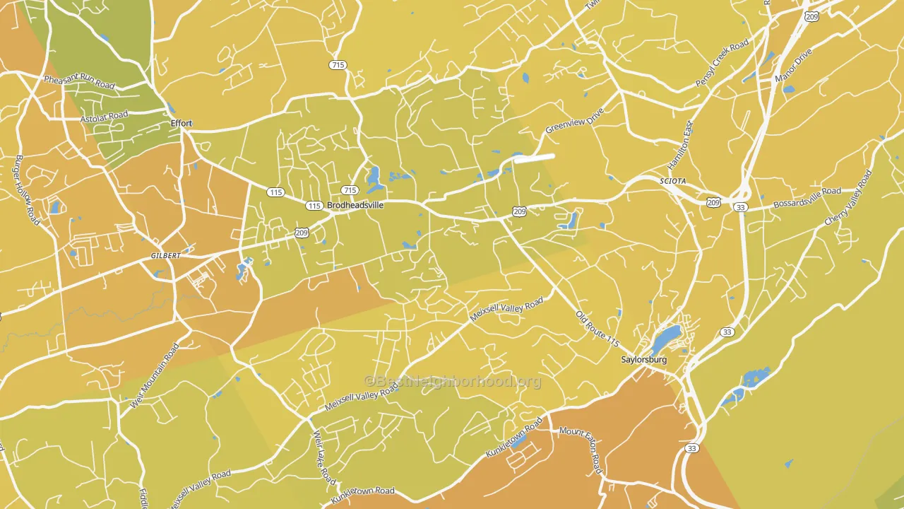 Map of the best neighborhoods in the Saylorsburg area, with better matches in green and worse matches in red