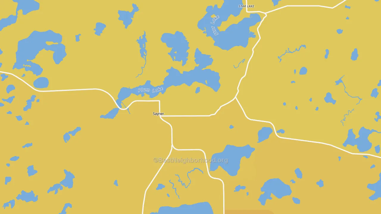 Map of the best neighborhoods in the Sayner area, with better matches in green and worse matches in red