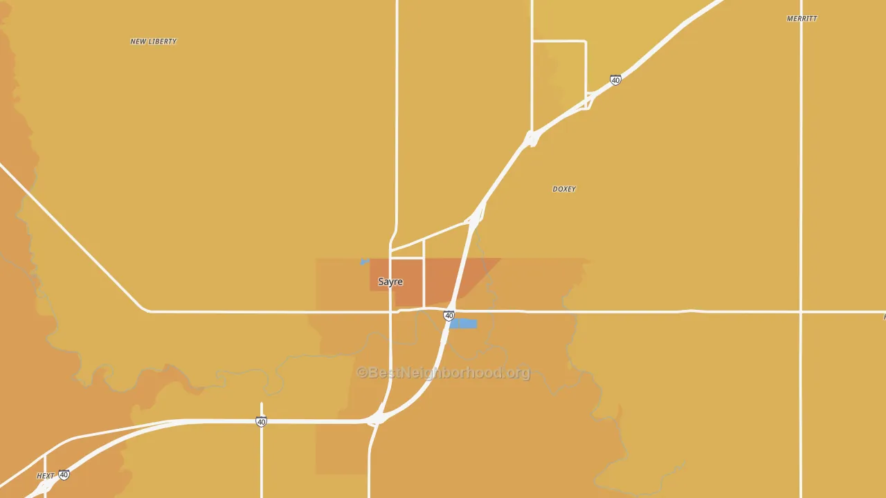 Map of the best neighborhoods in the Sayre area, with better matches in green and worse matches in red