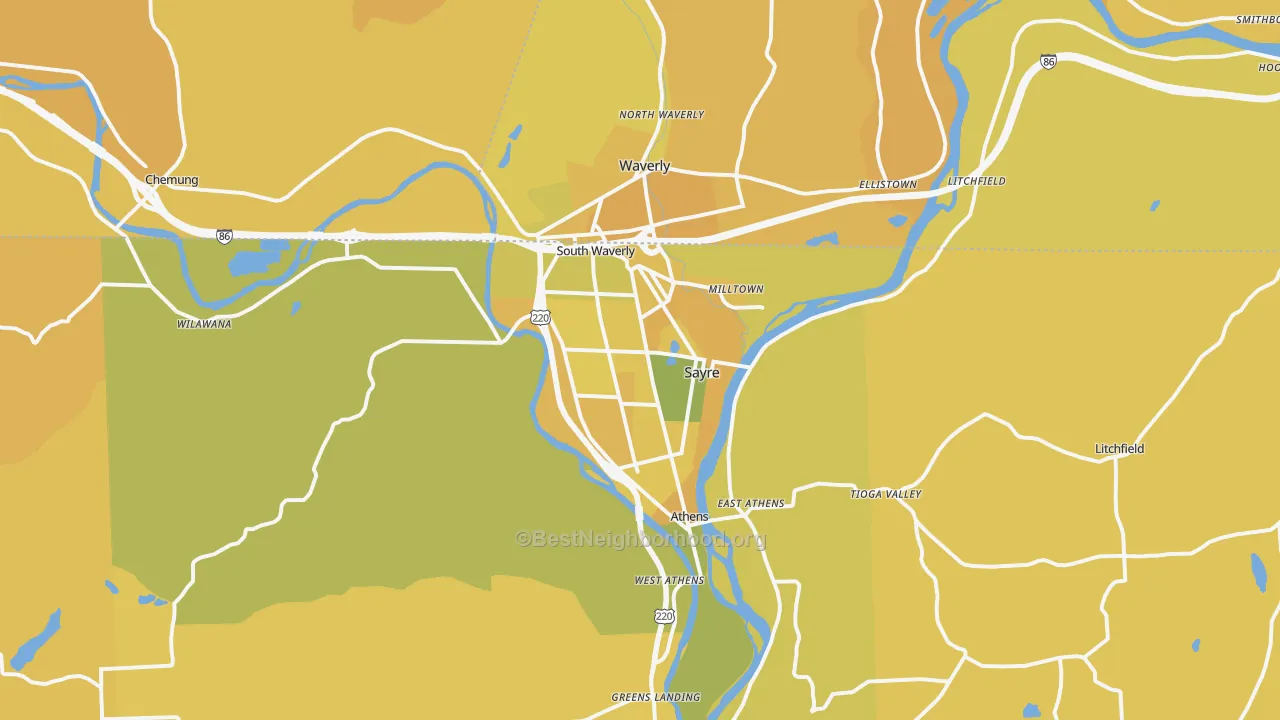 Map of the best neighborhoods in the Sayre area, with better matches in green and worse matches in red