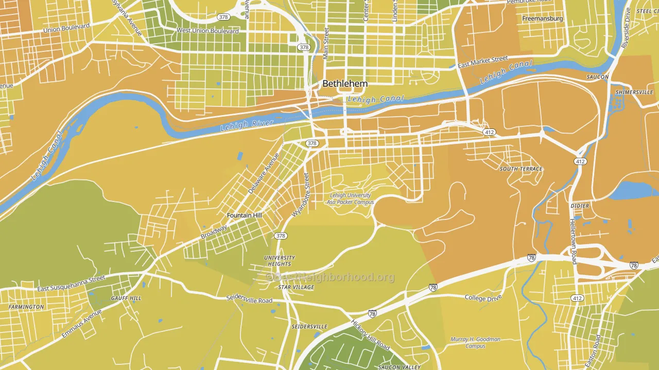 Map of the best neighborhoods in the Sayre Park, Bethlehem area, with better matches in green and worse matches in red
