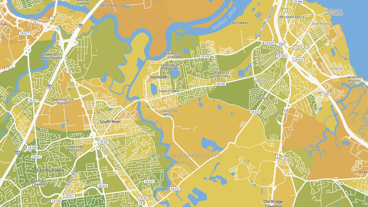 Map of the best neighborhoods in the Sayreville area, with better matches in green and worse matches in red