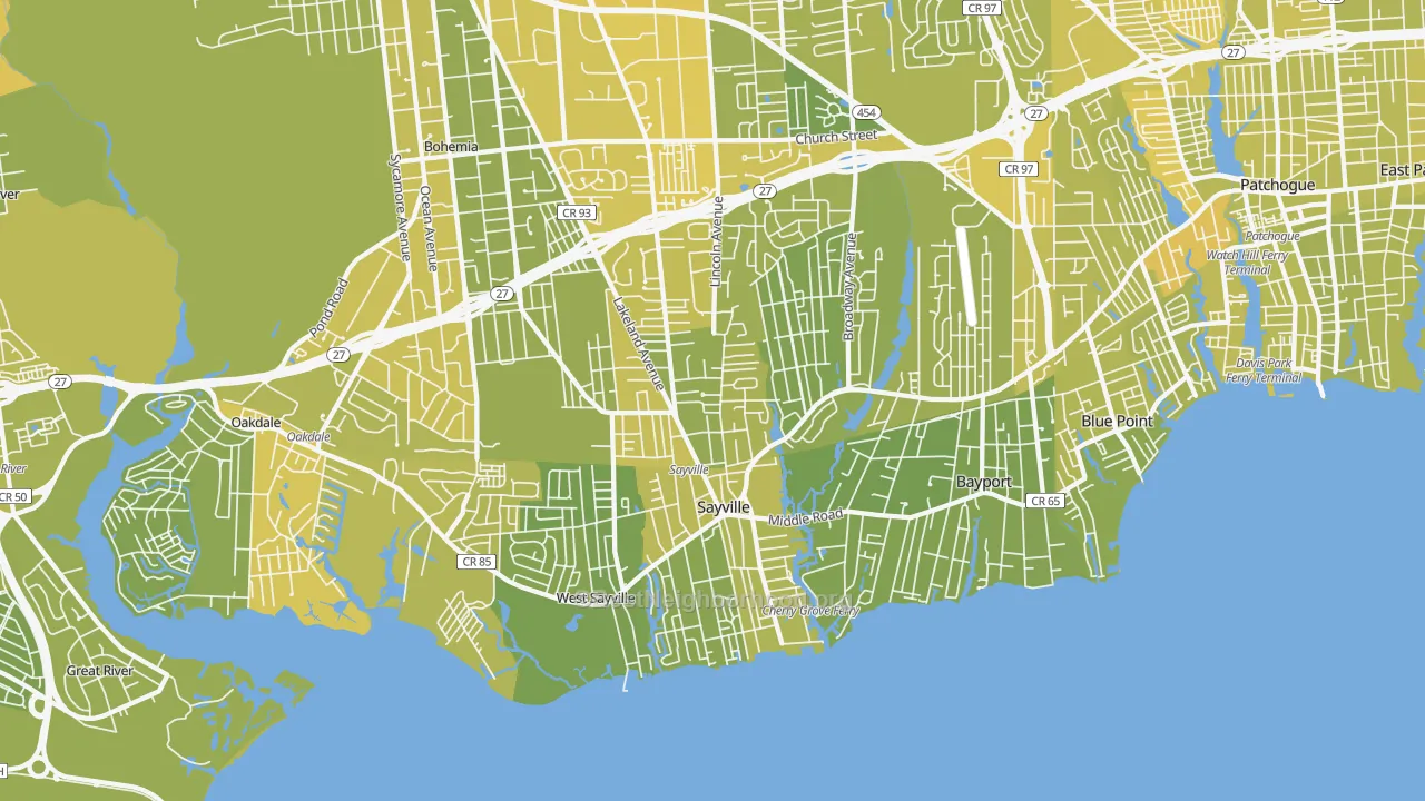 Map of the best neighborhoods in the Sayville area, with better matches in green and worse matches in red