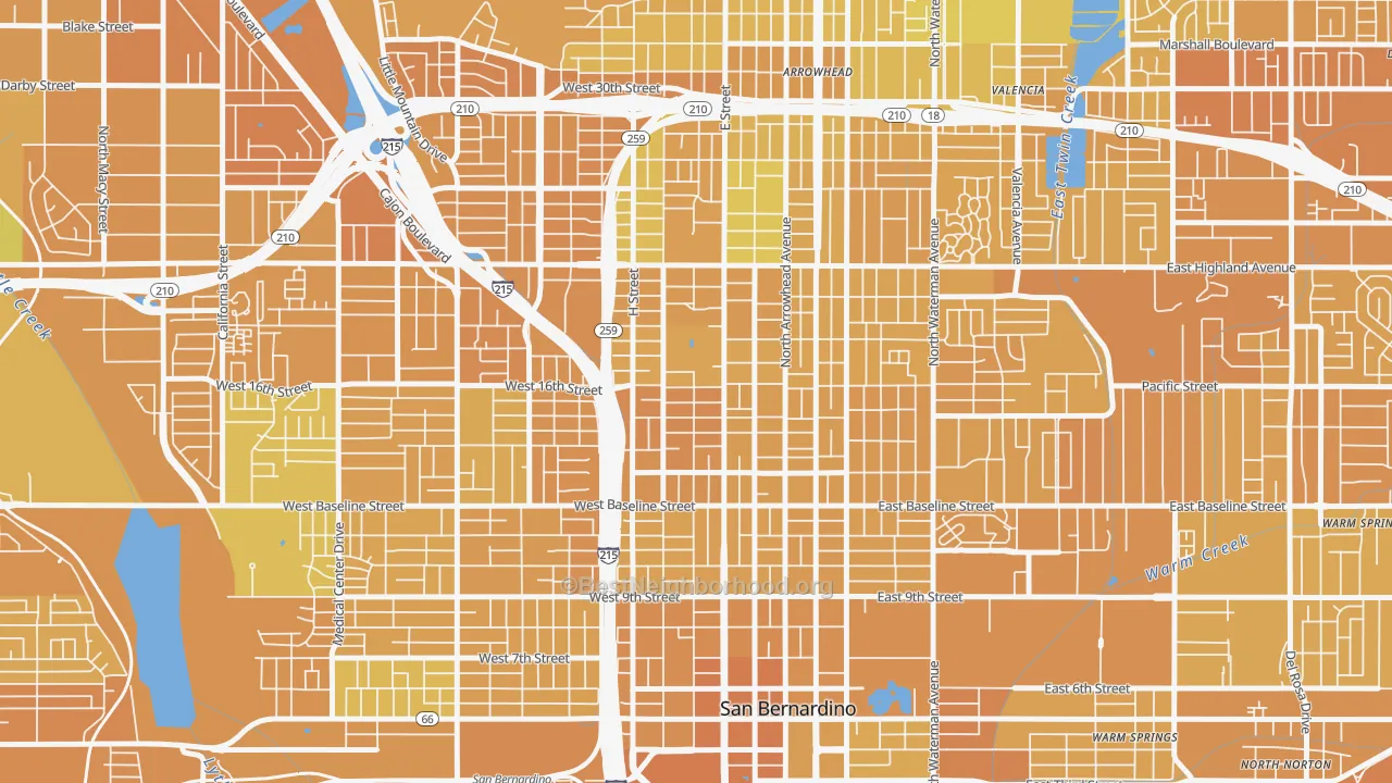 Map of the best neighborhoods in the SBHS, San Bernardino area, with better matches in green and worse matches in red