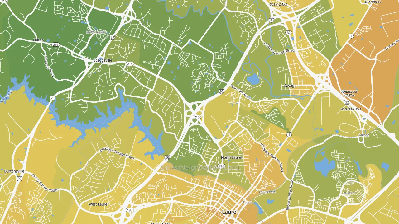 Map of the best neighborhoods in the Scaggsville area, with better matches in green and worse matches in red