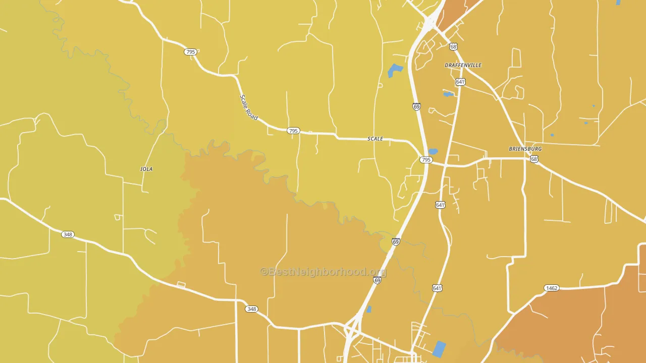 Map of the best neighborhoods in the Scale area, with better matches in green and worse matches in red