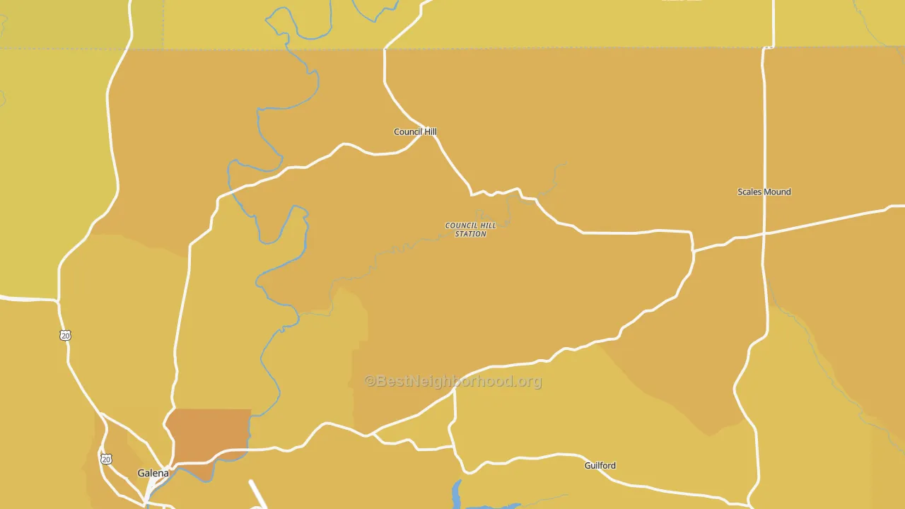 Map of the best neighborhoods in the Scales Mound area, with better matches in green and worse matches in red