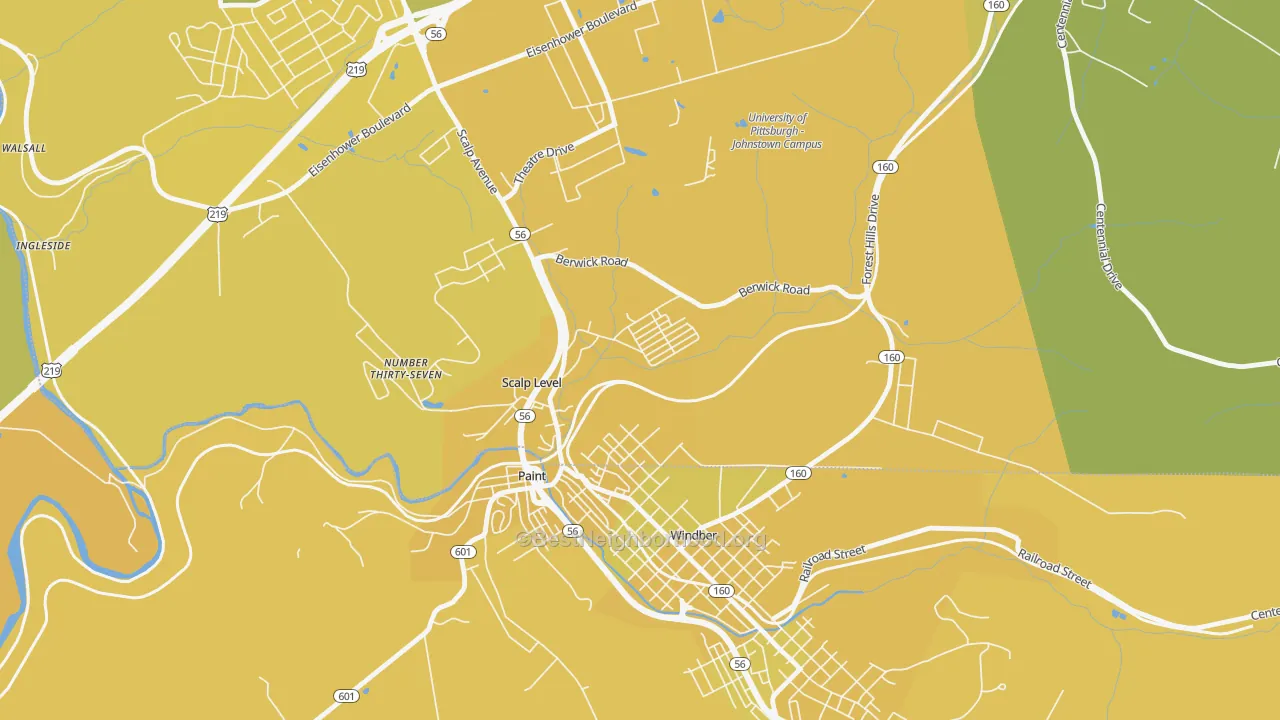 Map of the best neighborhoods in the Scalp Level area, with better matches in green and worse matches in red