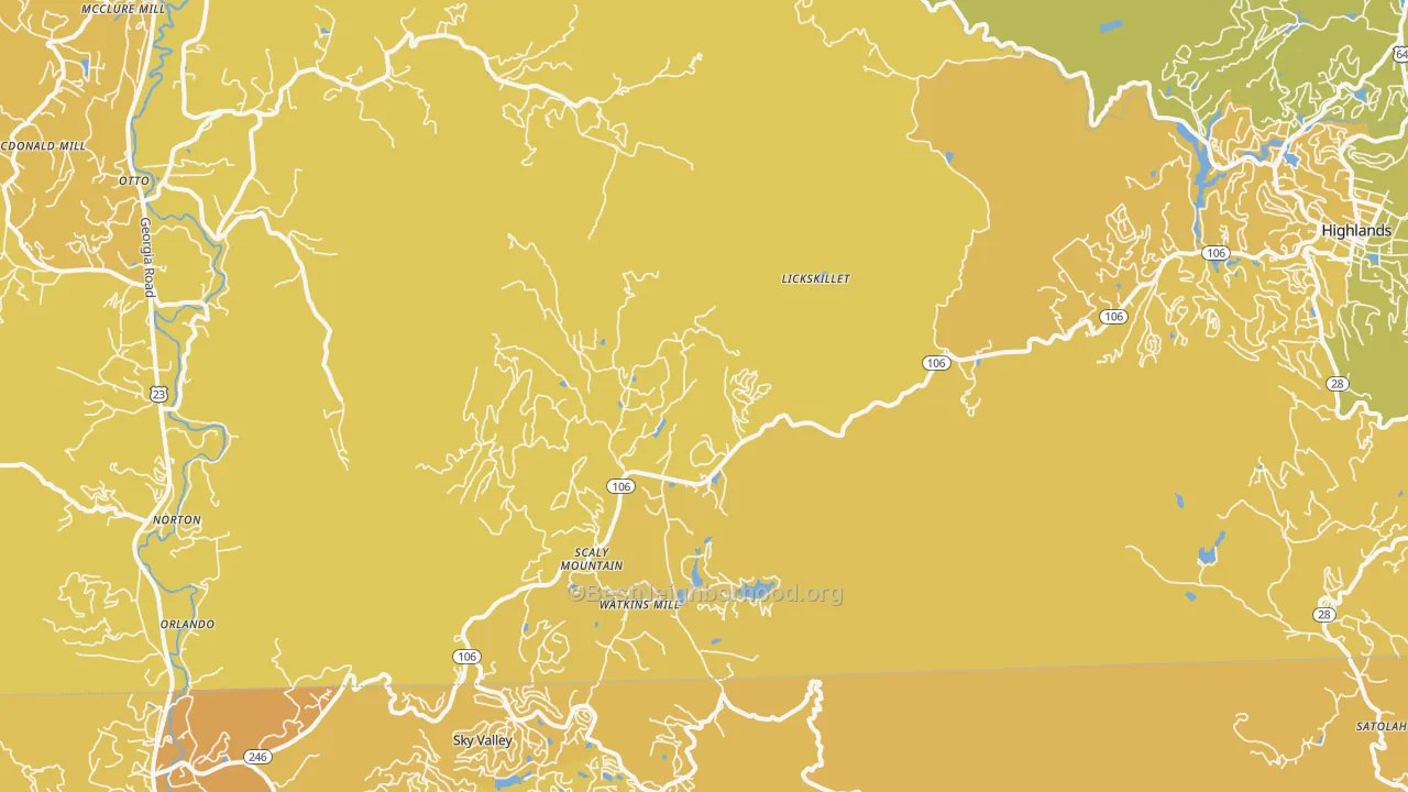 Map of the best neighborhoods in the Scaly Mountain area, with better matches in green and worse matches in red