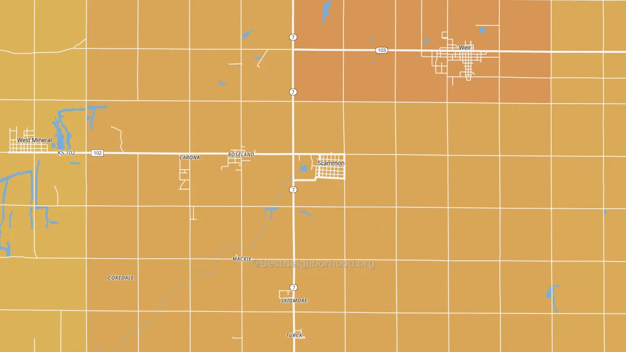 Map of the best neighborhoods in the Scammon area, with better matches in green and worse matches in red