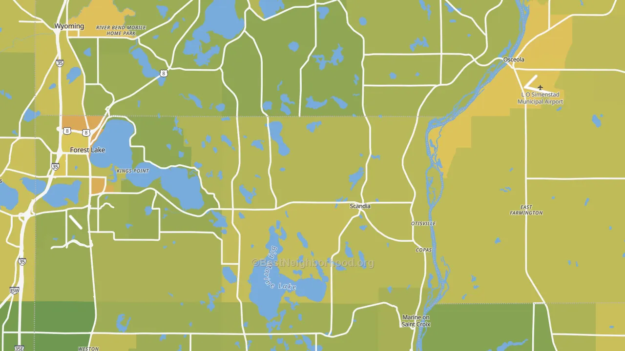 Map of the best neighborhoods in the Scandia area, with better matches in green and worse matches in red