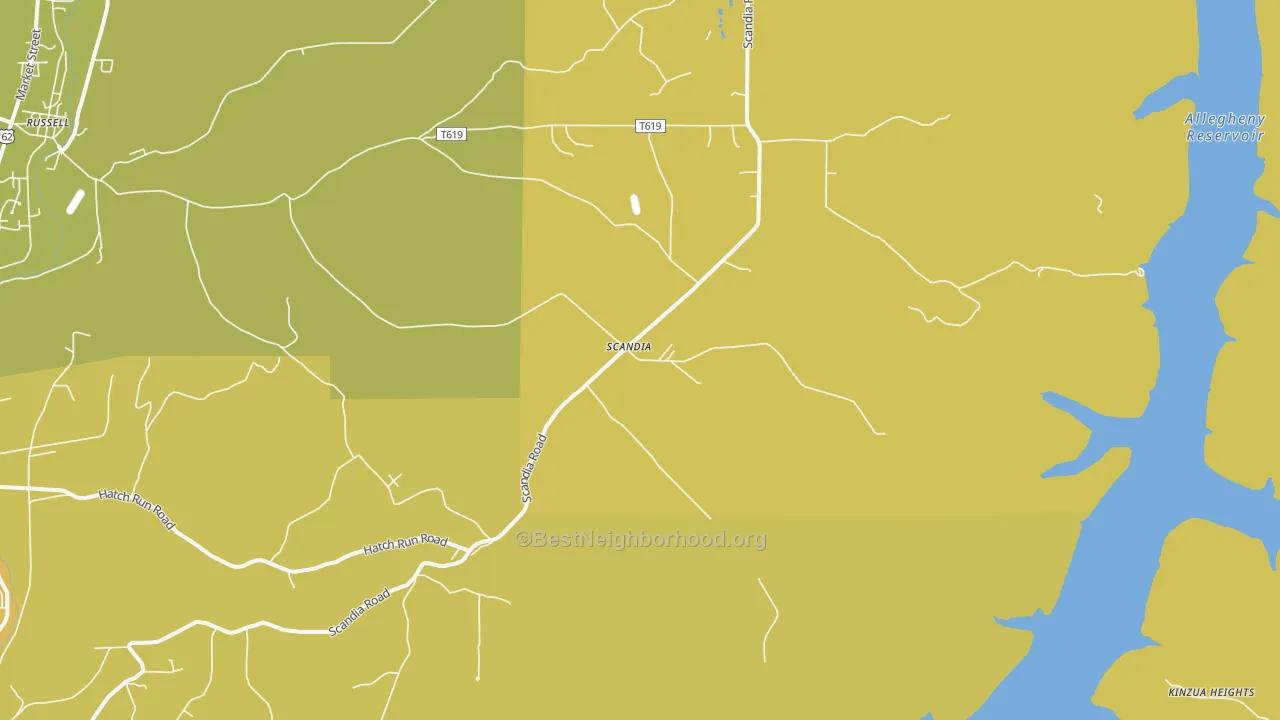 Map of the best neighborhoods in the Scandia area, with better matches in green and worse matches in red