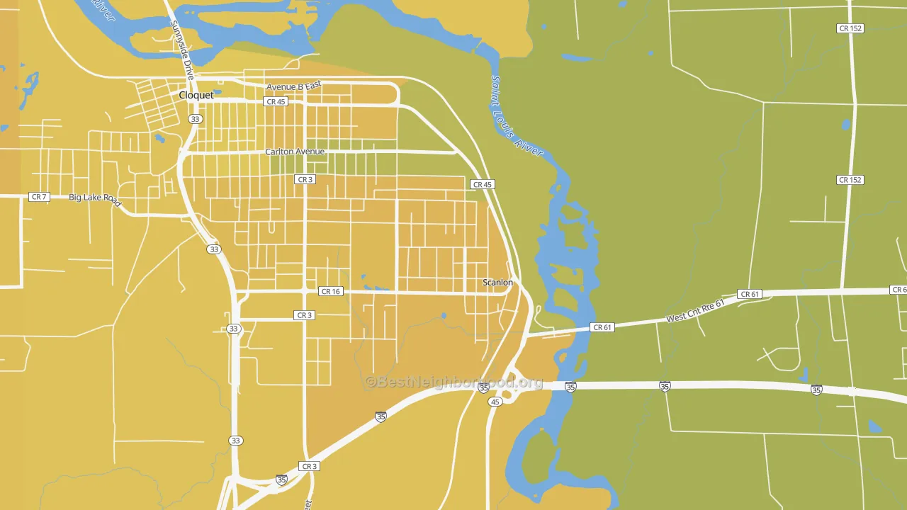 Map of the best neighborhoods in the Scanlon area, with better matches in green and worse matches in red