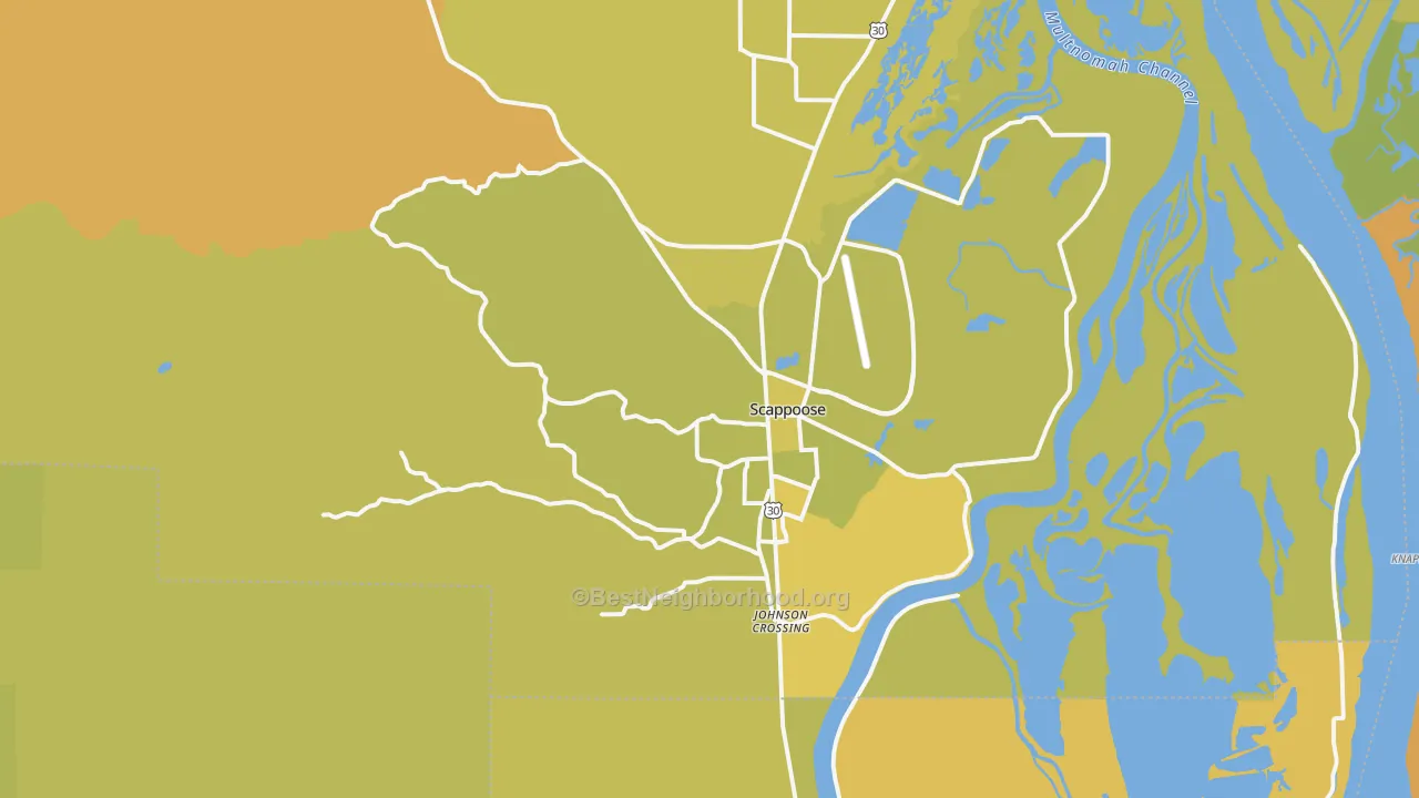 Map of the best neighborhoods in the Scappoose area, with better matches in green and worse matches in red