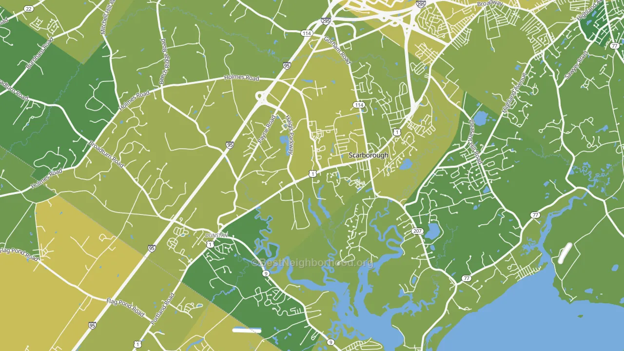 Map of the best neighborhoods in the Scarborough area, with better matches in green and worse matches in red