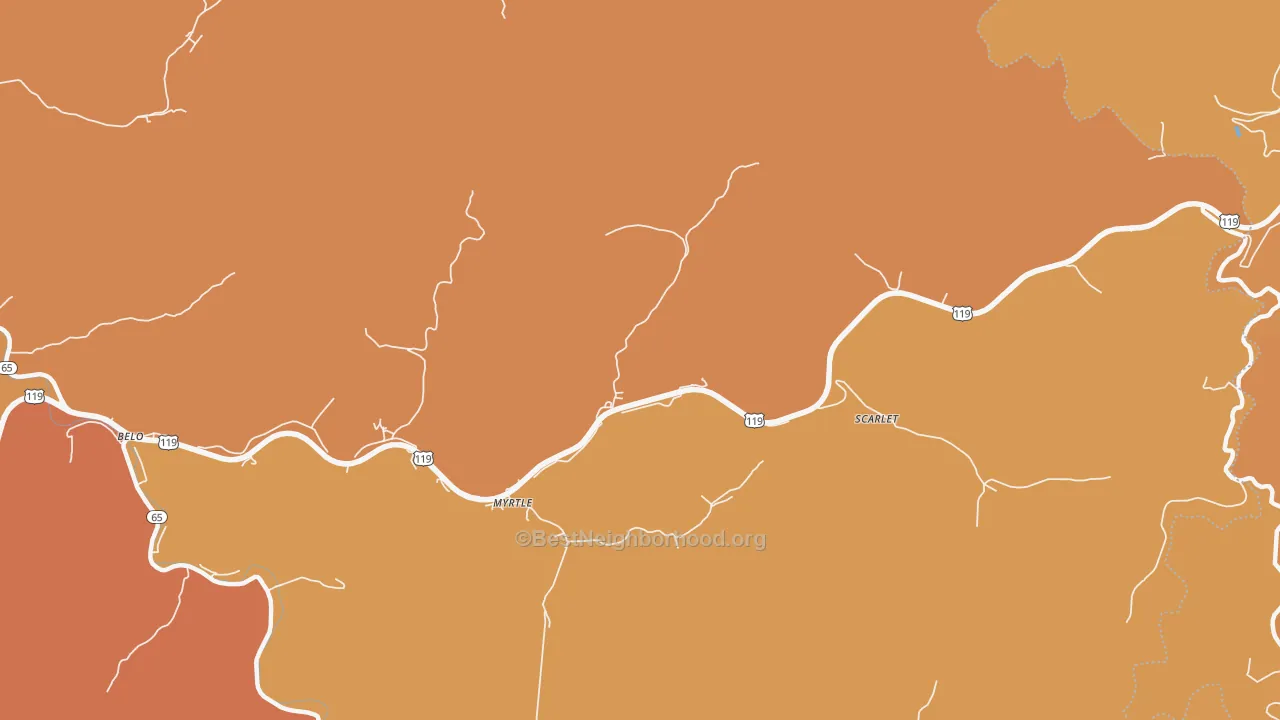 Map of the best neighborhoods in the Scarlet area, with better matches in green and worse matches in red