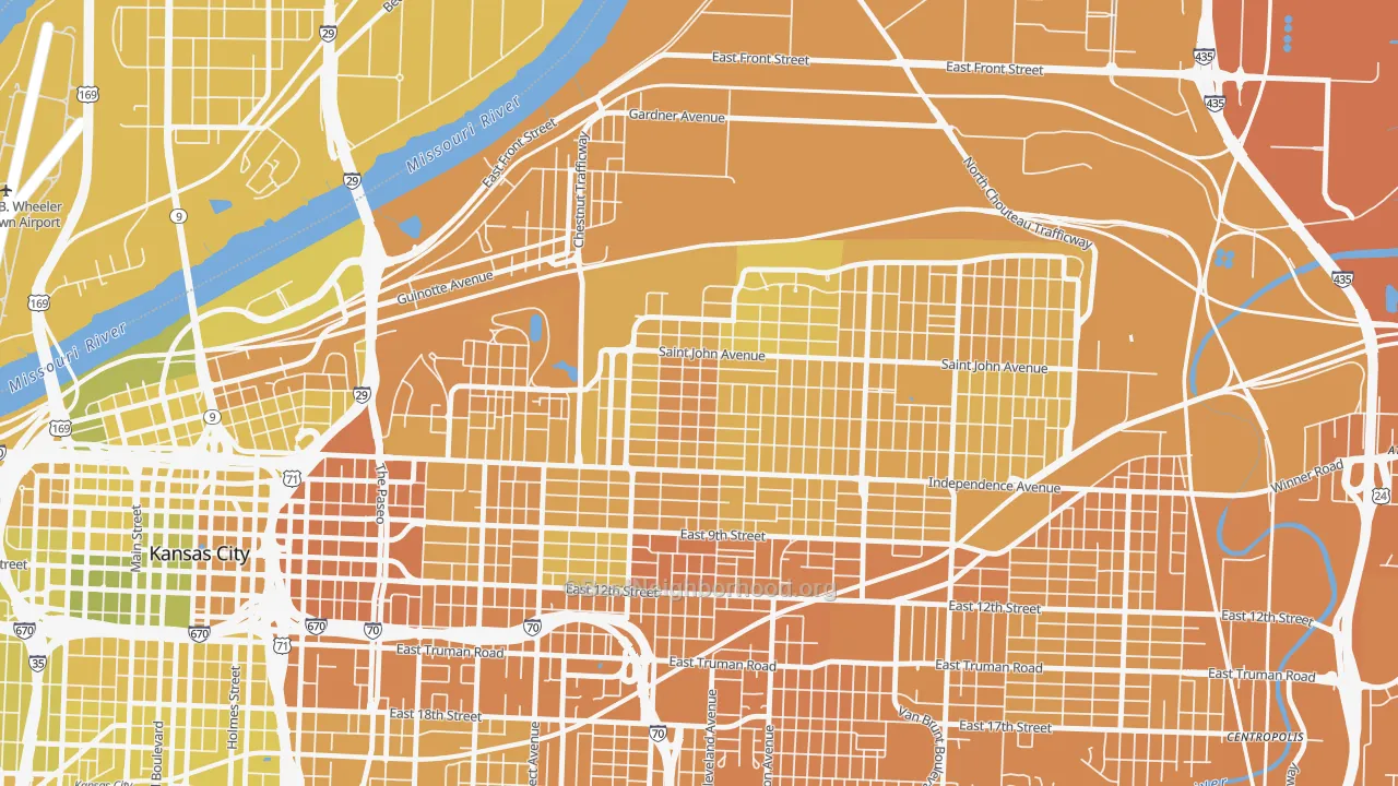 Map of the best neighborhoods in the Scarritt Renaissance, Kansas City area, with better matches in green and worse matches in red