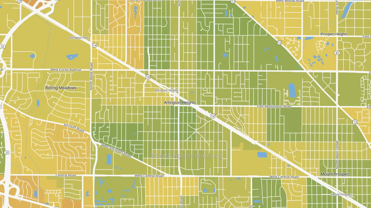 Map of the best neighborhoods in the Scarsdale, Arlington Heights area, with better matches in green and worse matches in red