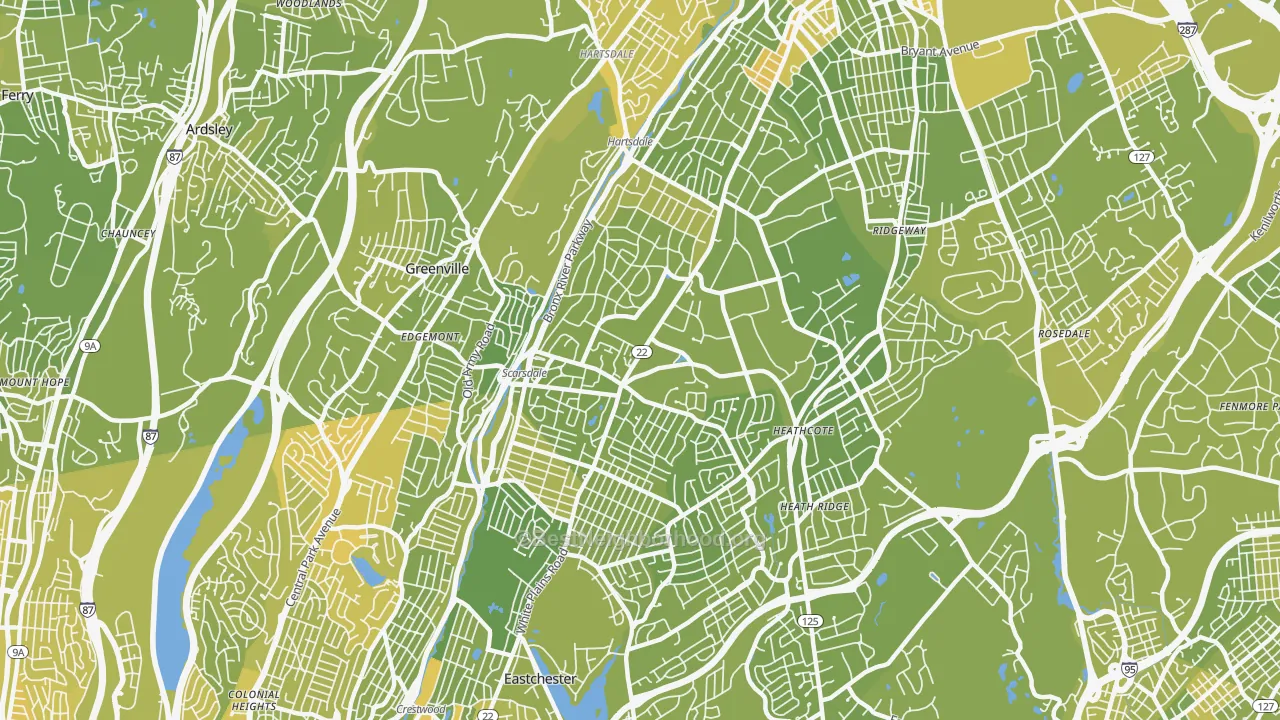 Map of the best neighborhoods in the Scarsdale area, with better matches in green and worse matches in red