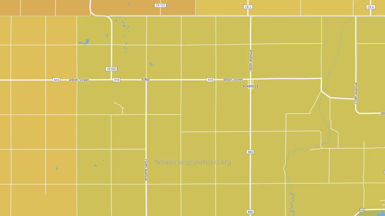 Map of the best neighborhoods in the Scarville area, with better matches in green and worse matches in red