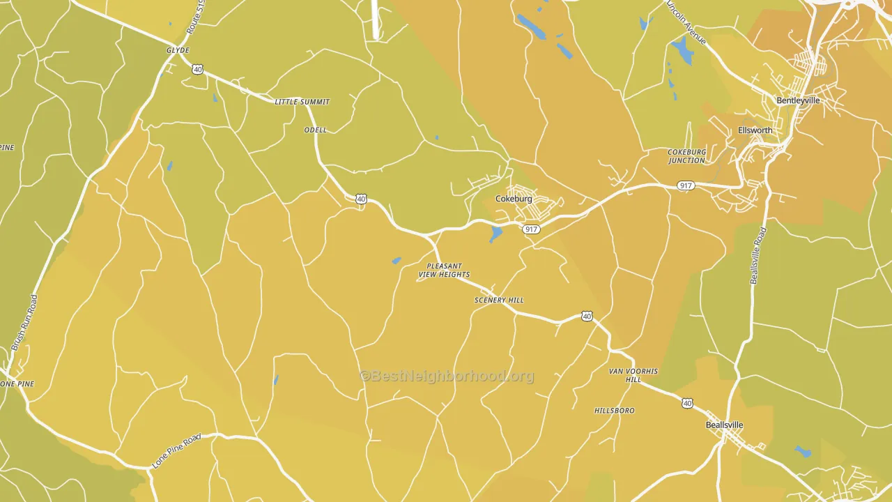 Map of the best neighborhoods in the Scenery Hill area, with better matches in green and worse matches in red