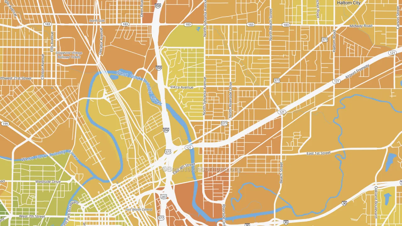 Map of the best neighborhoods in the Scenic Bluff, Fort Worth area, with better matches in green and worse matches in red