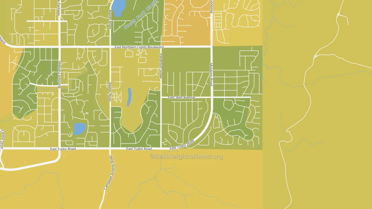 Map of the best neighborhoods in the Scenic Foothills, Anchorage area, with better matches in green and worse matches in red