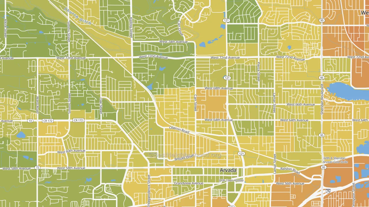 Map of the best neighborhoods in the Scenic Heights, Arvada area, with better matches in green and worse matches in red