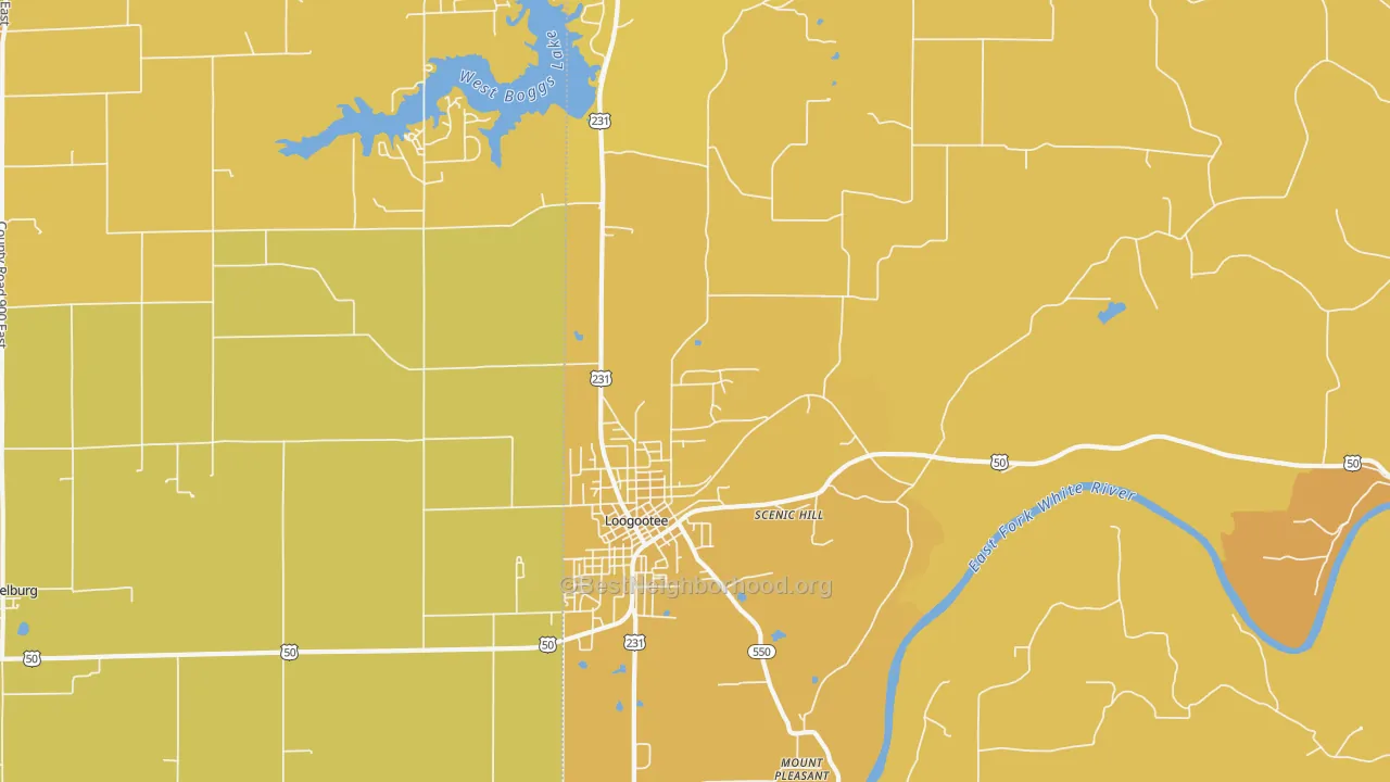 Map of the best neighborhoods in the Scenic Hill area, with better matches in green and worse matches in red
