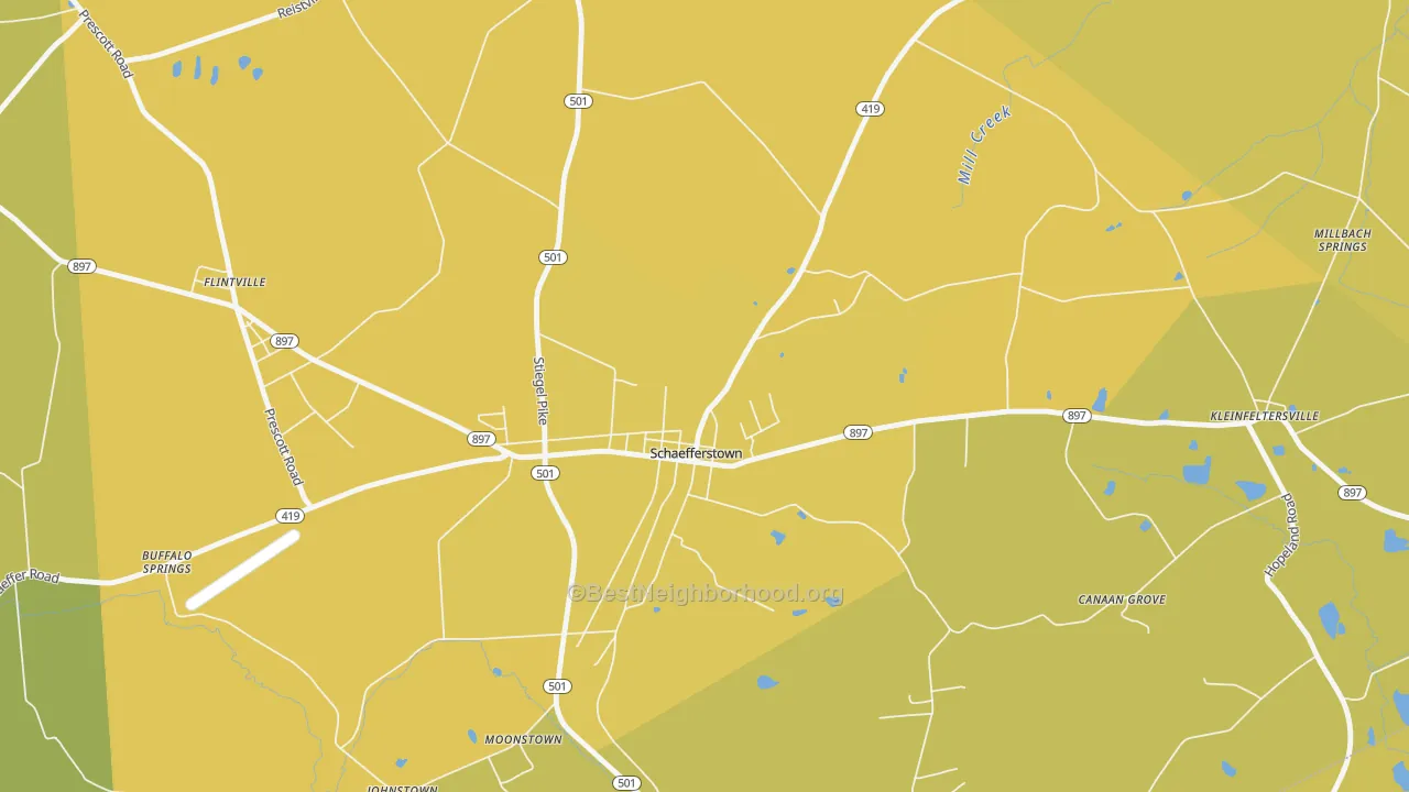 Map of the best neighborhoods in the Schaefferstown area, with better matches in green and worse matches in red