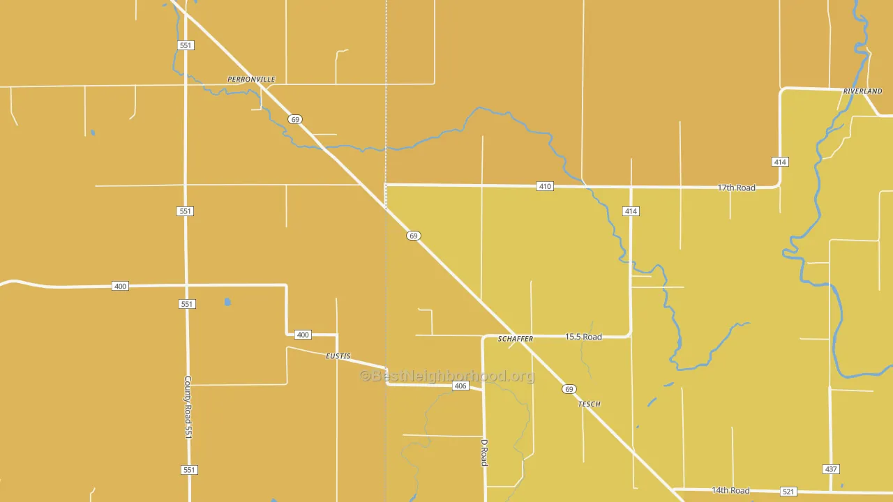 Map of the best neighborhoods in the Schaffer area, with better matches in green and worse matches in red