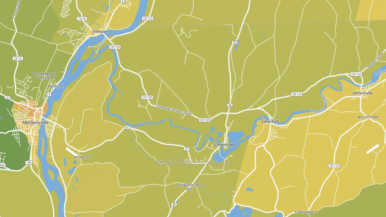 Map of the best neighborhoods in the Schaghticoke area, with better matches in green and worse matches in red