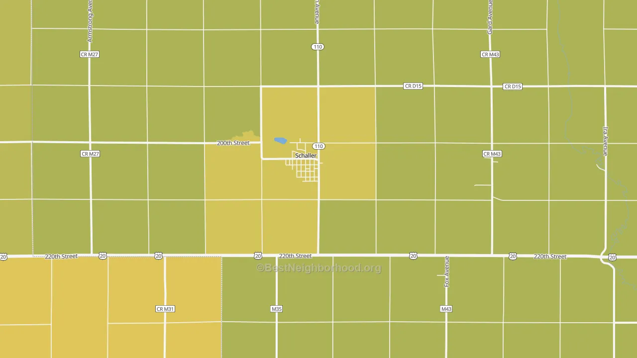 Map of the best neighborhoods in the Schaller area, with better matches in green and worse matches in red