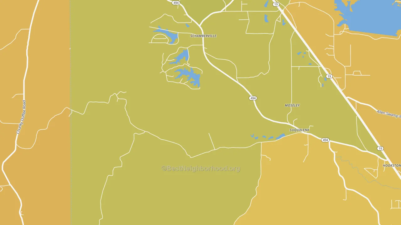 Map of the best neighborhoods in the Schamberville area, with better matches in green and worse matches in red