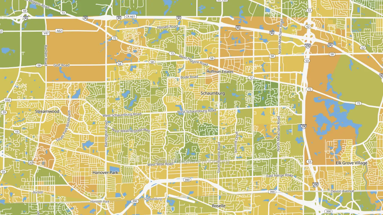 Map of the best neighborhoods in the Schaumburg area, with better matches in green and worse matches in red