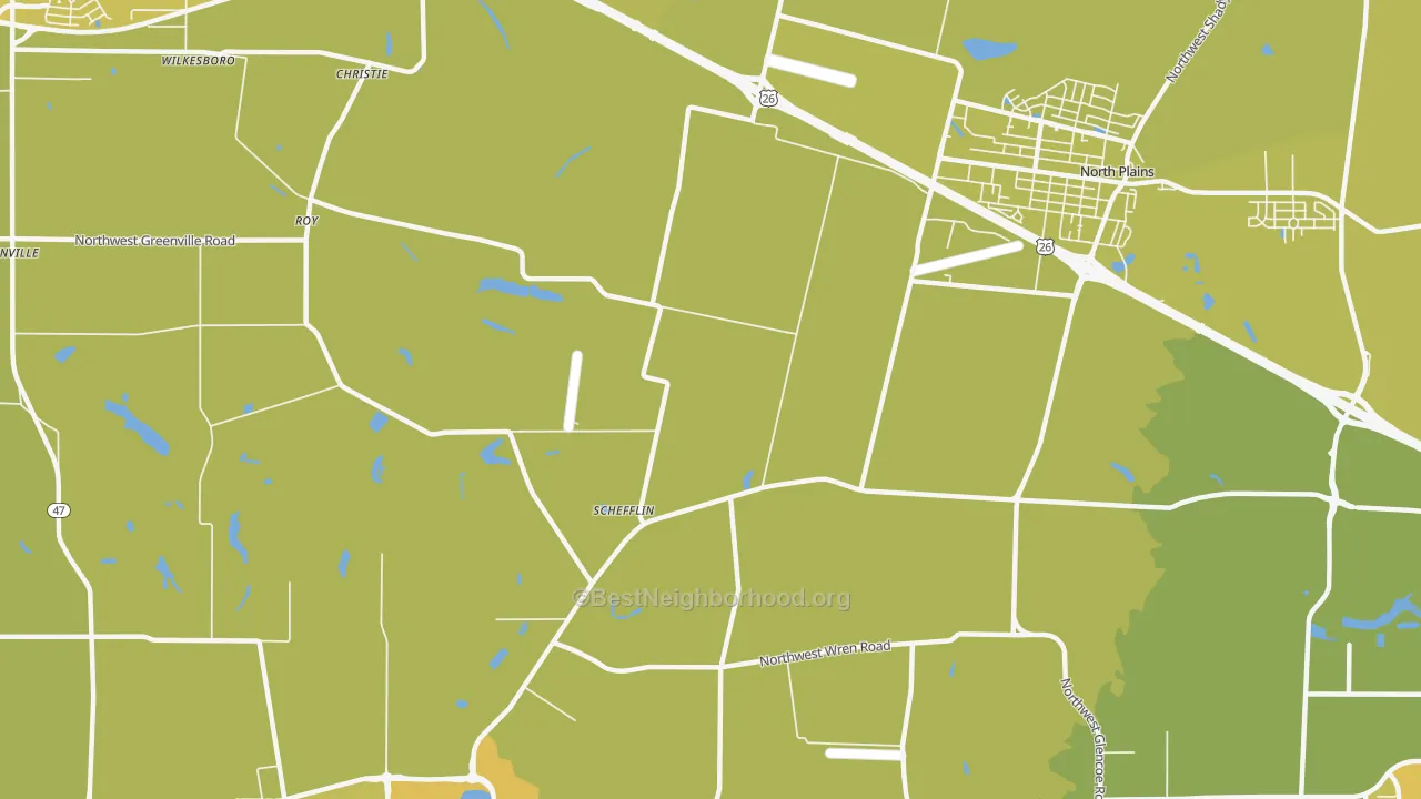 Map of the best neighborhoods in the Schefflin area, with better matches in green and worse matches in red