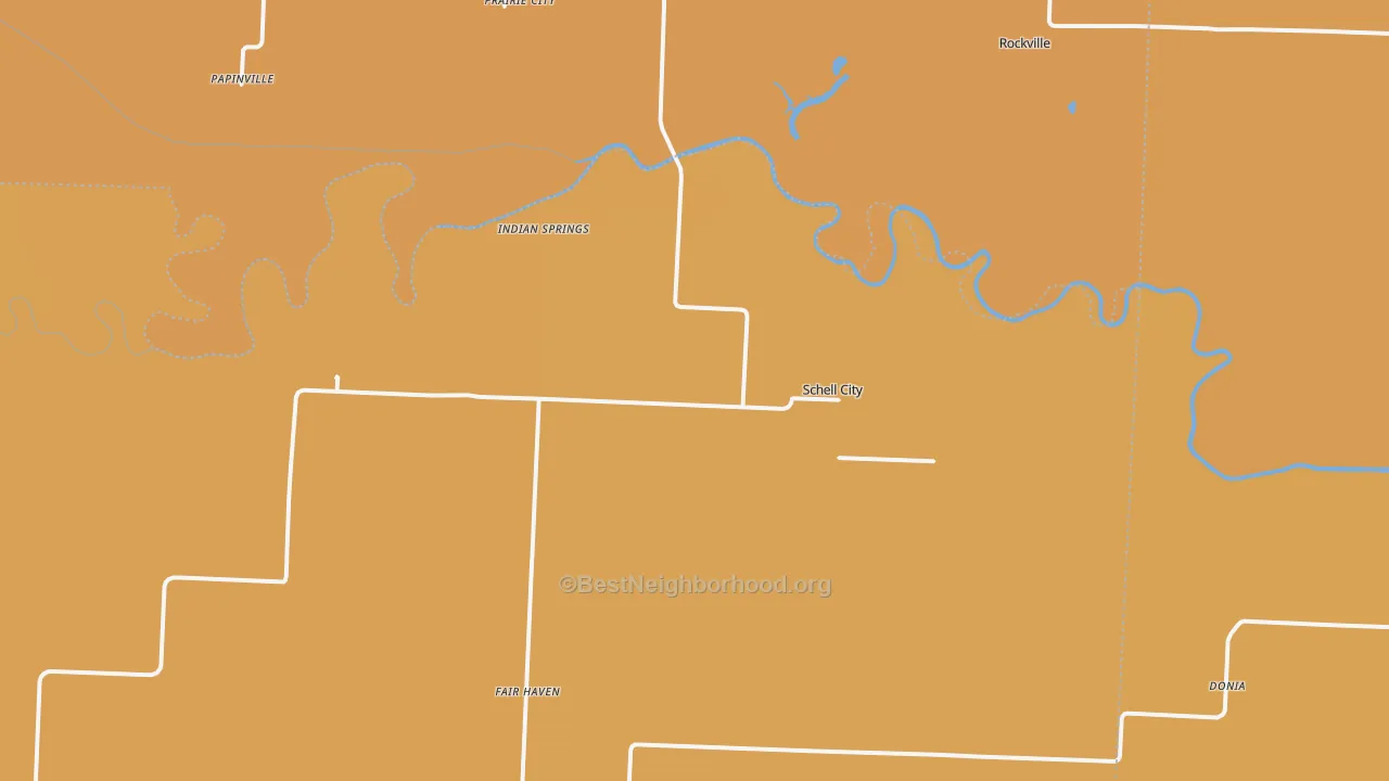 Map of the best neighborhoods in the Schell City area, with better matches in green and worse matches in red