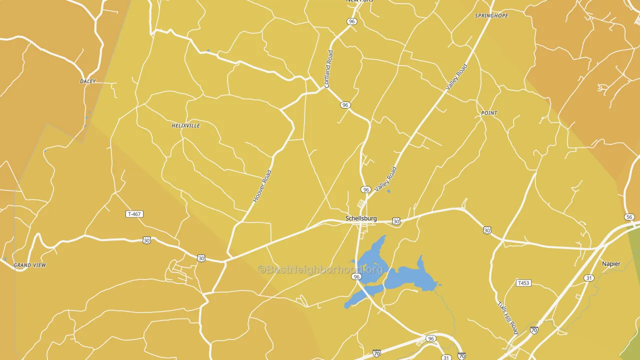 Map of the best neighborhoods in the Schellsburg area, with better matches in green and worse matches in red