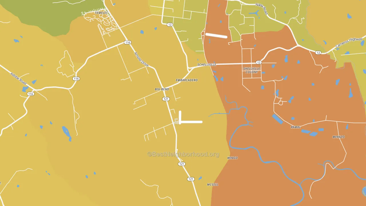 Map of the best neighborhoods in the Schellville area, with better matches in green and worse matches in red
