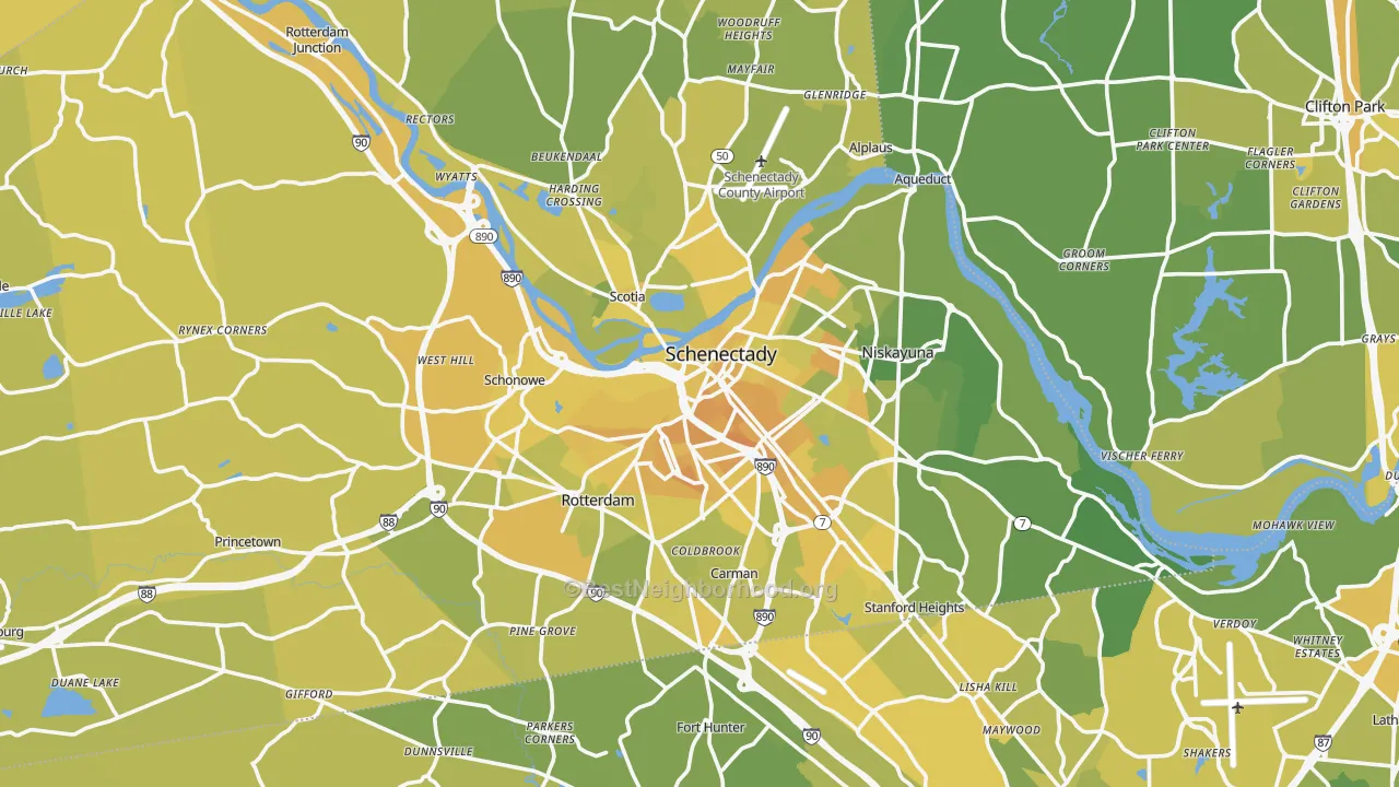 Map of the best neighborhoods in the Schenectady County area, with better matches in green and worse matches in red