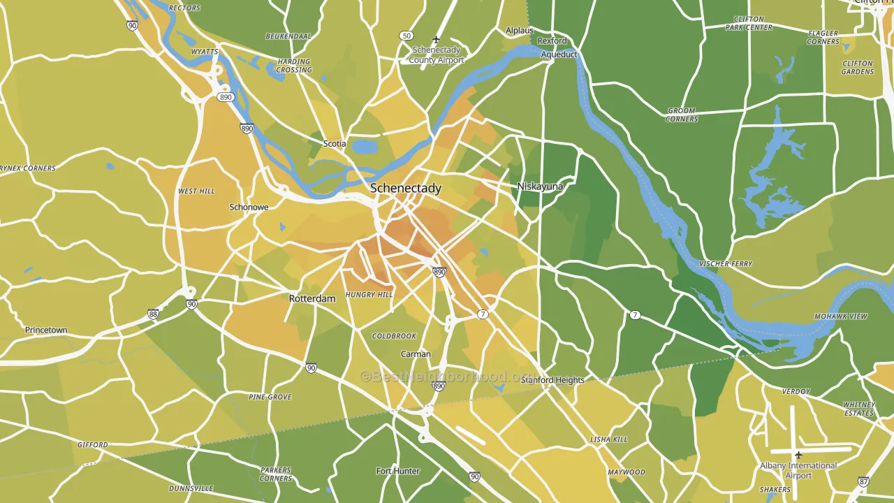 Map of the best neighborhoods in the Schenectady area, with better matches in green and worse matches in red