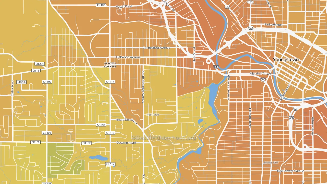 Map of the best neighborhoods in the Schenley, Youngstown area, with better matches in green and worse matches in red