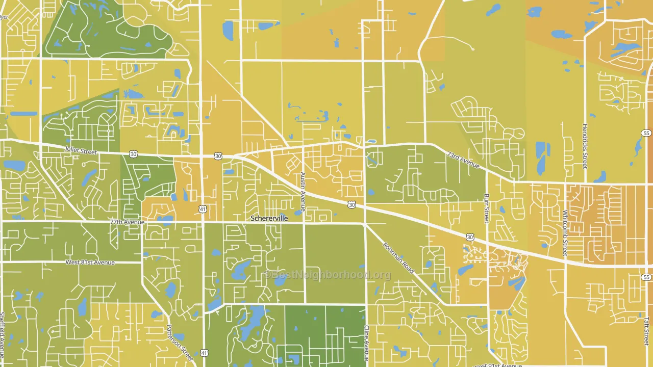 Map of the best neighborhoods in the Schererville area, with better matches in green and worse matches in red